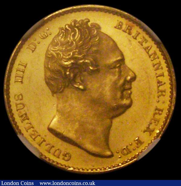 Sovereign 1830 William IV Gold Pattern by W.Wyon after Chantrey's Model. Coarse hair and with flat-topped ear, Coarse Beading, the nose points to the last I in BRITANNIAR. W.W. incuse on the truncation. Reverse by J.B.Merlen. Die Axis inverted. S.3829B, Wilson & Rasmussen 260 and rated R5, in an NGC holder and graded PF61 Cameo, some hairlines in the fields but retaining much original mint lustre, a key rarity and an interesting Pattern for the William IV collector, with no William IV currency coins minted for this date. We note the Bentley example realised £19,200 hammer price as far back as 2013. Now lists in the Spink catalogue at £21,500 : English Coins : Auction 166 : Lot 2081