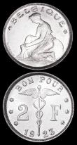 London Coins : A166 : Lot 2633 : Belgium (2) 2 Francs 1923 French Legend KM#91.1 Die axis inverted Lustrous UNC, 5 Francs 1932 Dutch ...