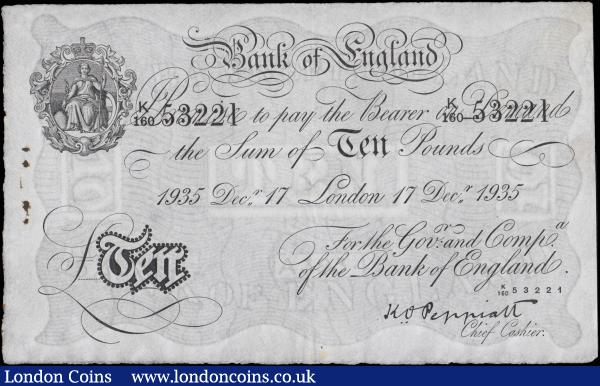 Ten Pounds Peppiatt White Note B242 pre-war dated 17th December 1935 series K/160 53221 London branch and a genuine issue, GEF Minor marginal Rust damage not affecting the note's general appearance and Scarce : English Banknotes : Auction 167 : Lot 1324