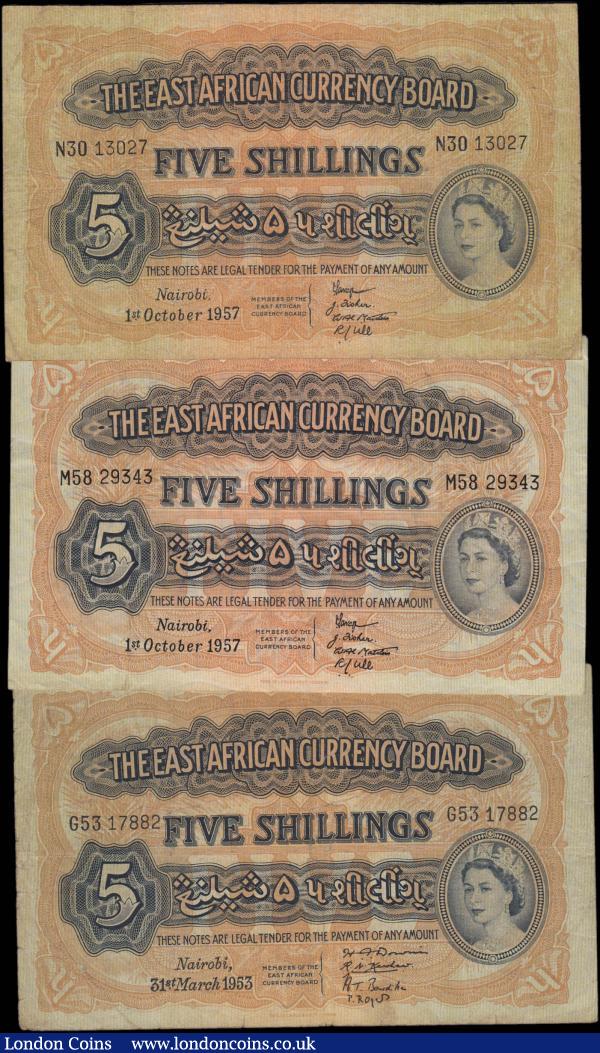 East Africa Currency Board 5 Shillings Pick 33 1953-57 issues (3) comprising a first year of issue dated 31st March 1953 serial number G53 17882. Along with 1st October 1957 (2) serial numbers M58 29343 and N30 13027. All Thomas De La Rue printing in blue-black on orange-brown underprint featuring a crowned portrait of H.M. the Queen at right on obverse and a guilloche panel with Lion on reverse. The first Fine, second VF, third good Fine - VF : World Banknotes : Auction 167 : Lot 1479