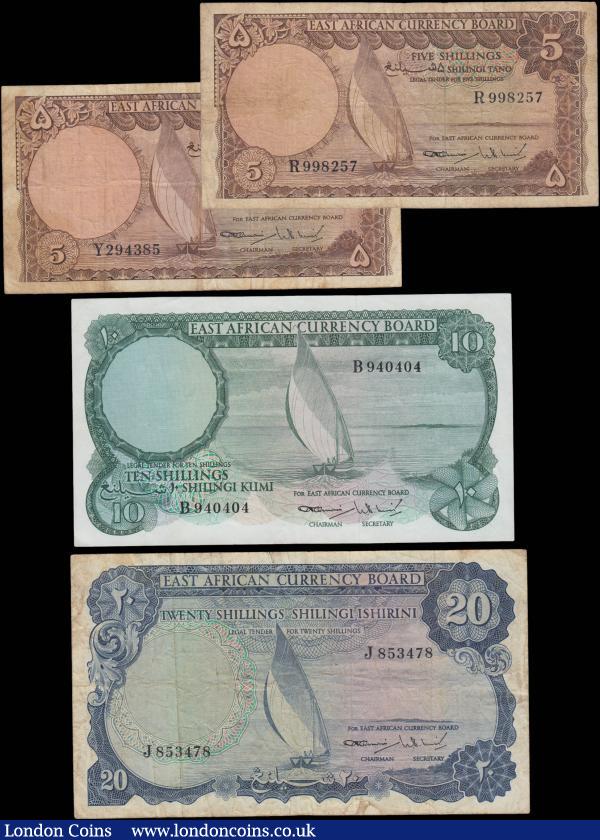 East Africa Currency Board a near complete denomination set of the ND (1964) "Lake" issues (4) comprising 5 Shillings Pick 45 (2) serial numbers R998257 and Y294385. 10 Shillings Pick 46a serial number B940404. And 20 Shillings Pick 47 serial number J 853478. All very Scarce and watermarked with Rhinoceros head. The 5 and 20 Shillings VF or near so, the 10 shillings GEF : World Banknotes : Auction 167 : Lot 1480