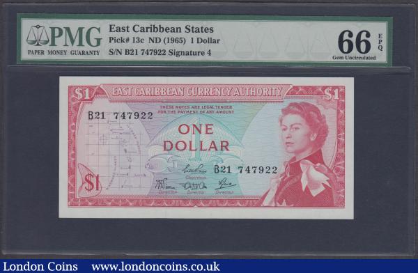 East Caribbean Currency Authority 1 Dollar Pick 13c ND 1965 issue signatures SCWPM type 4 serial number B21 747922. A Thomas De La Rue print in red on aqua and multicolour underprint with obverse featuring Annigoni portrait of Queen Elizabeth II at right, map at left and Queen Angel fish (Holacanthus ciliaris) in underprint. The reverse illustrating an eye-pleasing coastal scene. A dazzling high grade issue in a PMG holder and graded Gem UNC 66 EPQ, keenly collected in these high grades with the PMG Population only having 4 recorded examples in this grade at the time of writing : World Banknotes : Auction 167 : Lot 1482