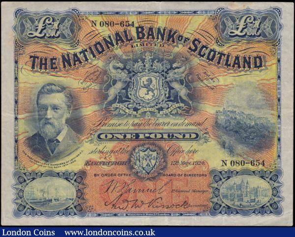 Scotland The National Bank of Scotland Limited Sixth issue 1 Pound Pick 248b (PMS NA31, BY SC501c) wartime dated 15th May 1924 serial number N 080-654 and engraved signature William J Samuel titled P. General Manager and letterpress signature Andrew McKissock titled Accountant. A large sized note in blue on  yellow and red sunburst underprint with the obverse displaying the Royal Coat of Arms at upper centre, a portrait of Henry Schomberg Kerr the 9th Marquess of Lothian at left and a view of Edinburgh Castle at right. The reverse with an elaborate guilloche panel featuring an illustration of a city view in Edinburgh and numerical denomination in each corner. Printed by Waterlow & Sons Limited, London imprinted in small script at lower centre on obverse and reverse. A presentable and crisp VF - GVF, and a very Rare note : World Banknotes : Auction 167 : Lot 1622