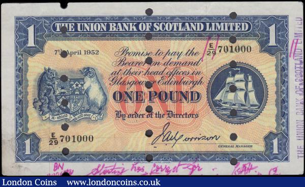 Scotland The Union Bank of Scotland Limited 1 Pound SPECIMEN PROOF similar to Pick S816a (BY SC904a, PMS UB68a) dated 7th April 1952 serial number E/29 701000 signature John A Morrison titled General Manager. The note in blue on yellow and red sunburst underprint with the obverse featuring The redesigned Bank's Coat of Arms at left with the 4 quarters of the shield representing various financial institutions at different times that were part of the "The Union Bank of Scotland" or its former predecessors along with a sailing ship emblem at right. The reverse depicting an illustration of the traditional heavy industry of Clydeside (Glasgow county) - shipbuilding, steel production and energy. About UNC very Minor Dirt at lower left marring not affecting the notes general appearance. With 3 sets of punchole cancellations formed in vertical lines, Printers Guidelines and Annotations, violet stamp at right obverse margin reads "The Union Bank of Scotland Limited" : World Banknotes : Auction 167 : Lot 1630