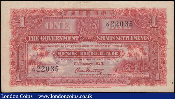 Straits Settlements 1 Dollar Pick 9a dated 1st January 1925 and date in red serial number J/65 22035 signed Pountney For the Currency Commissioners and the note in red on grey-violet underprint featuring the Royal Coat of Arms at upper centre, Palm trees and beach at lower left and stilt houses and palm trees at right on obverse and a shoreline scene at centre on reverse. Printed by Thomas De La Rue & Company Limited London inscribed in small script at lower centre margin on obverse and reverse. A presentable and attractive VF and an Outstandingly Rare note especially in higher grades and always 'hunted' down by most serious collectors. For a similar later dated and date in black issue see next lot : World Banknotes : Auction 167 : Lot 1644
