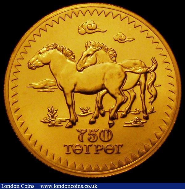 Mongolia 750 Tugrik Gold 1975 World Conservation Series Obverse: National Arms, Reverse: Przewalski Horses KM#38 Weight 33.43 grammes. UNC and with practically full mint lustre, rare with only 929 pieces minted, comes with capsule and Royal Mint certificate : World Coins : Auction 167 : Lot 1981