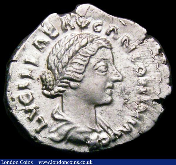 Roman Denarius Lucilla (161-169AD) Obverse: Draped Bust right, LVCILLAE AVG M ANTONINI AVG F, Reverse: Vesta standing left, sacrificing from a simpulum over a lit altar left, holding palladium, 3.2 grammes, RSC 92, RIC 788, some edge cracks, excellent surfaces, the reverse with very little actual wear, EF, EX-M.Trenerry (£125) : Ancient Coins : Auction 167 : Lot 351