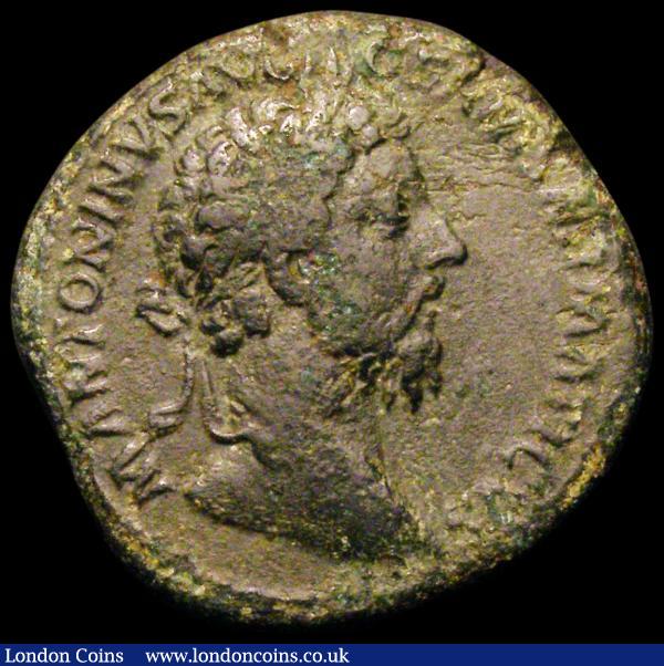 Sestertius Marcus Aurelius Reverse: Salus standing left, holding patera and cornucopia, 20.27 grammes, about Fine with some green patina : Ancient Coins : Auction 167 : Lot 364
