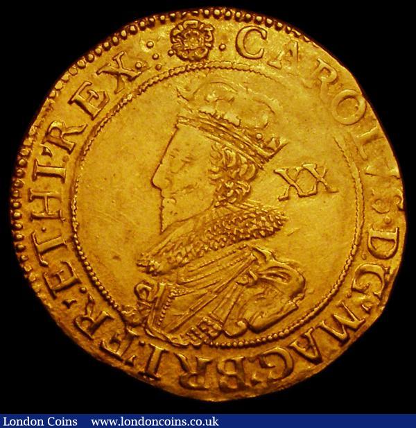 Unite Charles I Group C, Third Bust with heavier armour, Reverse Oval shield with CR at sides S.2690 mintmark Rose, 8.96 grammes, a little weak in some places, the King's clothing showing excellent detail, VF overall and with much eye appeal, we note that only one example appears on our archive database which shows 16 years of auction sales, so possibly rarer than catalogue prices would suggest  : Hammered Coins : Auction 167 : Lot 445