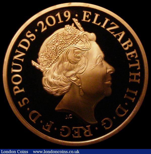 Five Pound Crown 2019 200th Anniversary of the Birth of Queen Victoria, Reverse an intricate and well-executed design showing portrait of Queen Victoria, plus other inventions of the Victorian Era, the Steam Train, Paddle Steamer, Penny Farthing Bicycle, and telephone, each within a series of cogwheels, edge inscription WORKSHOP OF THE WORLD, by John Bergdahl Gold Proof FDC as yet unlisted in the Spink catalogue, one very small area of toning otherwise FDC, uncased in capsule, no certificate : English Coins : Auction 167 : Lot 558