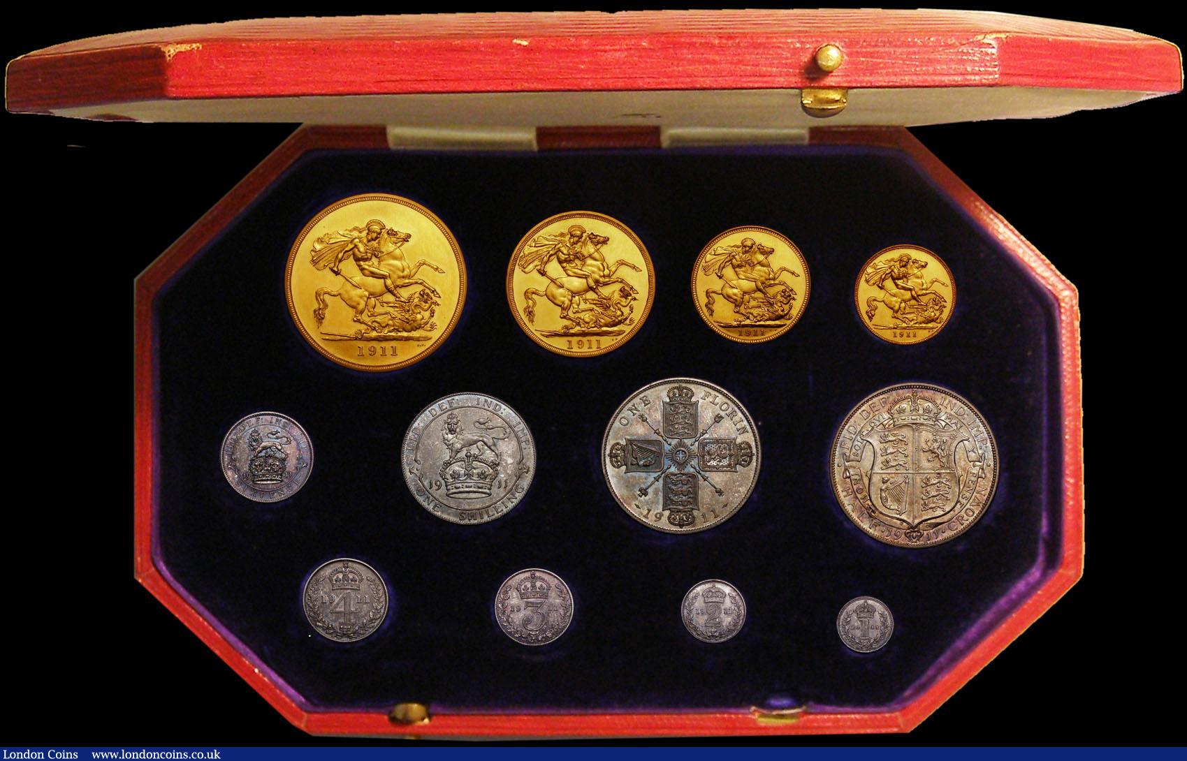 London Coins : A167 : Lot 100 : Proof Set 1911 Long Set (12 coins) comprising Gold Five Pounds, Gold Two Pounds, Sovereign, Half Sov...