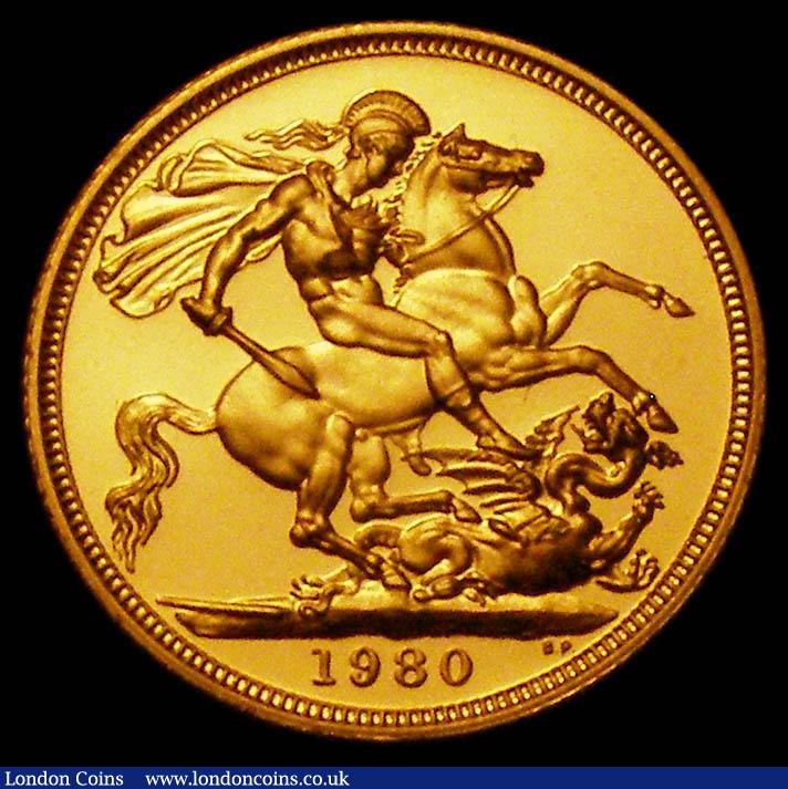 London Coins : A167 : Lot 138 : Sovereign 1980 Proof S.SC1 nFDC to FDC retaining practically full mint brilliance, in the Green Roya...