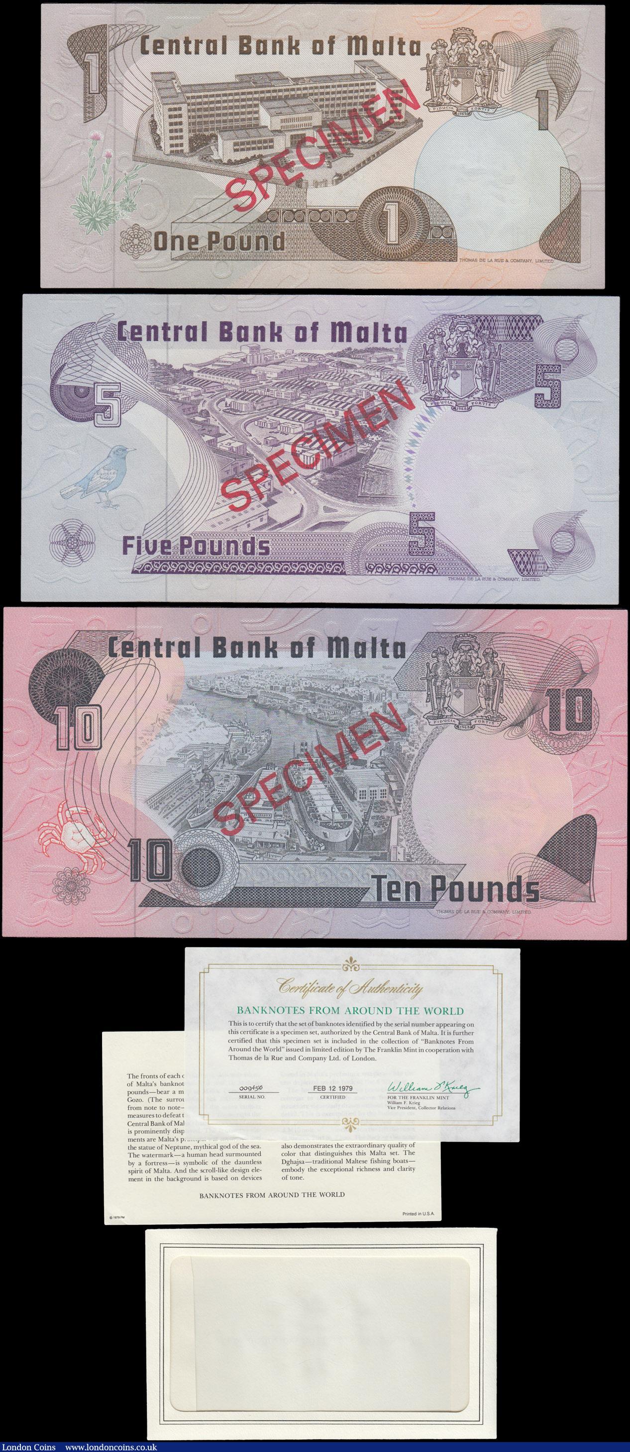 London Coins : A167 : Lot 1570 : Malta Bank Centrali Franklin Mint Collectors Set Pick CS1 of 3 notes - 1, 5 and 10 Lira. All with Ma...