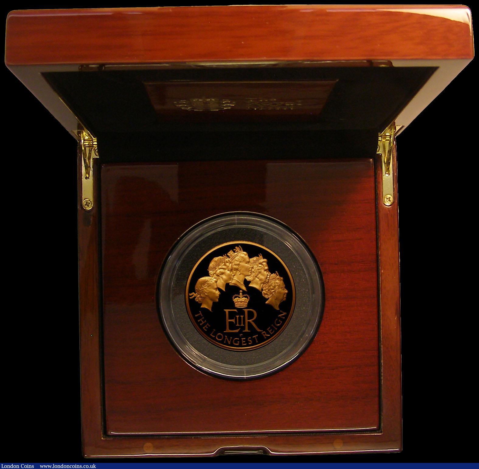 London Coins : A167 : Lot 159 : Ten Pounds 2015 The Longest Reigning Monarch 5 oz. Gold Proof, Obverse with James Butler Portrait, S...