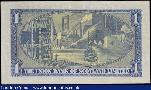 Scotland The Union Bank of Scotland Limited Sixth General Issue 1 Pound Pick S816a (PMS UB68a, BY SC904a) dated 7th April 1952 serial number E/28 686261 signature John A Morrison titled General Manager. Blue on yellow and red sunburst underprint featuring Bank's Coat of Arms at left and sailing ship emblem at right. The reverse with an illustration of the traditional heavy industry of Clydeside (Glasgow county) - shipbuilding, steel production and energy. Printed by Waterlow & Sons Limited, London. A presentable and relatively crisp VF - GVF : World Banknotes : Auction 167 : Lot 1629