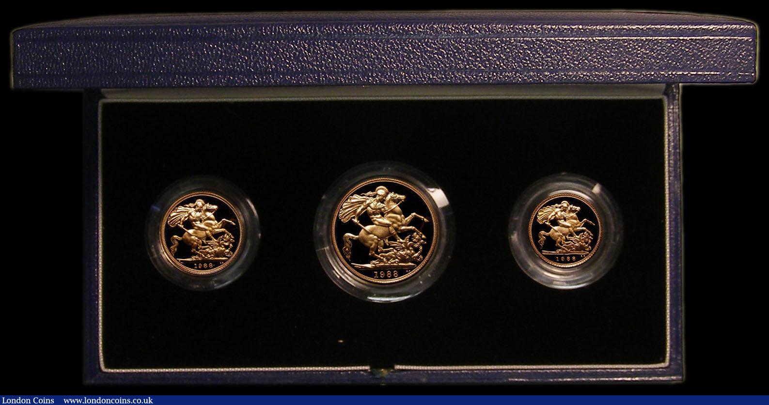 London Coins : A167 : Lot 171 : The 1988 United Kingdom Gold Proof Three-coin Sovereign Collection comprising Two Pounds, Sovereign ...