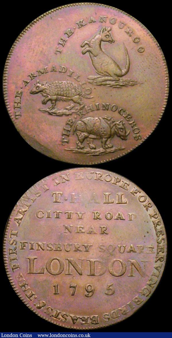 Halfpennies 18th Century Middlesex (2) 1795 T.Hall - Citty Road 'Kanguroo', 'Armadillo' and 'Rhinoceros DH313 VF once cleaned, Scarce, 1795 Pidcocks Exhibition, Obverse: Antelope/ Reverse: Ostrich Plain edge DH447a NVF with some old contact marks, scarce : Tokens : Auction 167 : Lot 1722