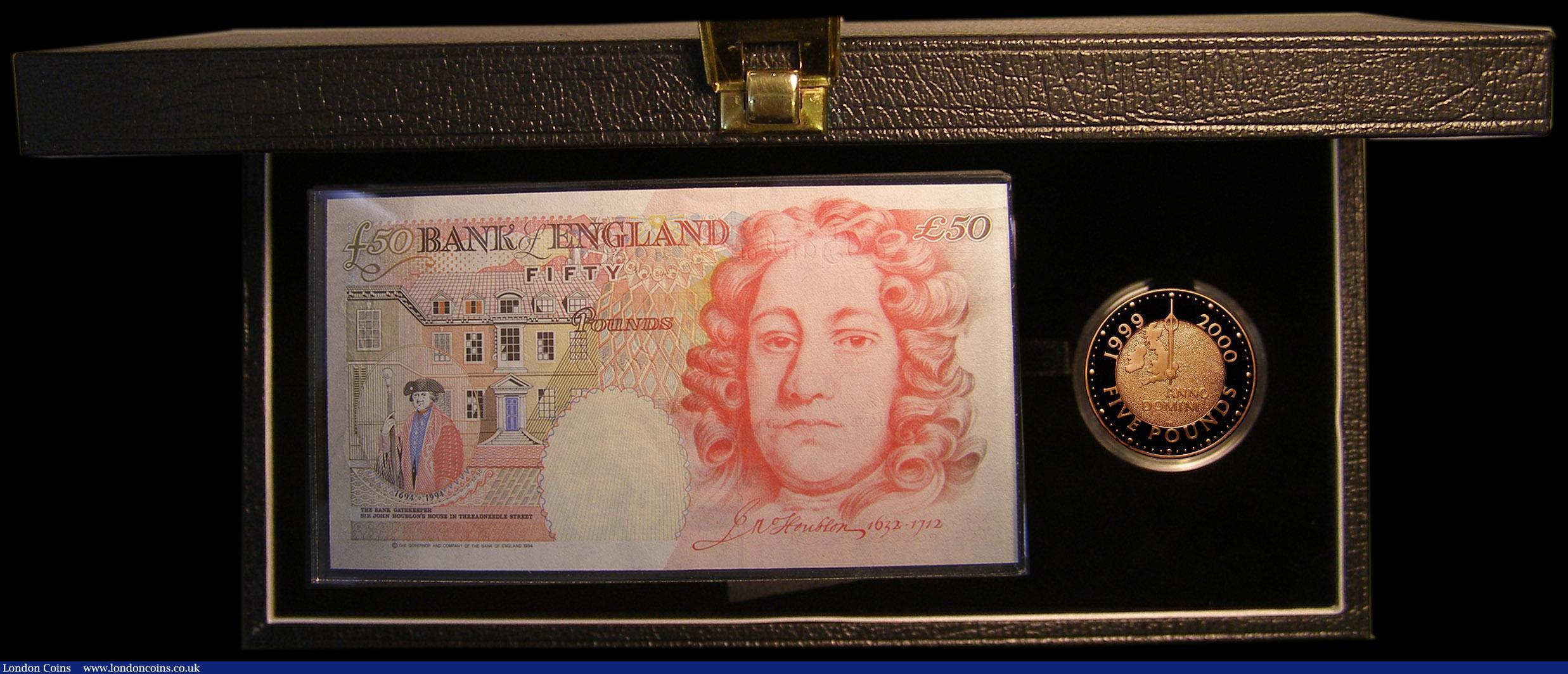 London Coins : A167 : Lot 19 : Coin and Banknote Set Millennium 1999 comprising Five Pound Crown 1999 Gold Proof S.L7 FDC and Bankn...