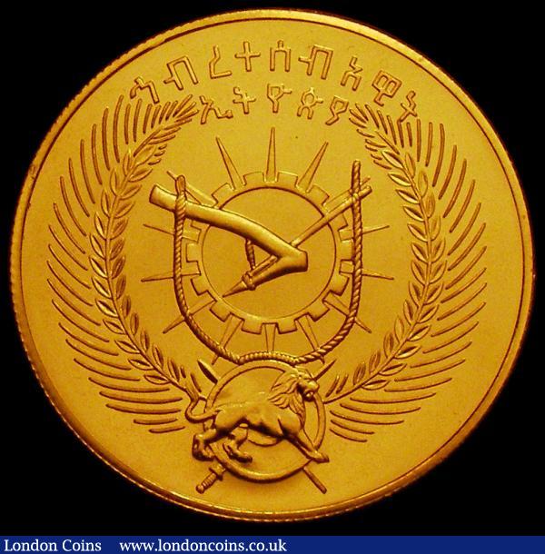 Ethiopia 600 Birr Gold EE1970 (1977) World Conservation Series Obverse: Lion within circle divides wreath surrounding symbols at centre, Reverse: Walia Ibex right, KM#63, Weight 33.43 grammes. Prooflike UNC and fully lustrous, very seldom seen in this high grade, with only 547 minted,  this is one of the lowest mintages in the entire Conservation Series : World Coins : Auction 167 : Lot 1916