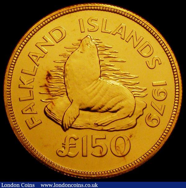 Falkland Islands 150 Pounds Gold 1979 World Conservation Series Obverse: 'Machin' Bust of Queen Elizabeth II right, Reverse: Falkland Fur Seal KM#13,Weight 33.43 grammes. UNC and almost fully lustrous, with small touches of red toning, Rare, with a mintage of only 488 pieces, one of the lowest mintages in the entire Conservation Series  : World Coins : Auction 167 : Lot 1918