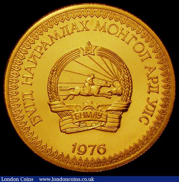 Mongolia 750 Tugrik Gold 1975 World Conservation Series Obverse: National Arms, Reverse: Przewalski Horses KM#38 Weight 33.43 grammes. UNC and with practically full mint lustre, rare with only 929 pieces minted, comes with capsule and Royal Mint certificate : World Coins : Auction 167 : Lot 1981