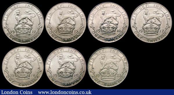 Shillings (7) 1911 A/UNC, 1915 EF, 1916 GEF/AU, 1917 AU/GEF, 1918 A/UNC, 1919 A/UNC, 1923 A/UNC with varying degrees of lustre : English Bulk Lots : Auction 167 : Lot 2138