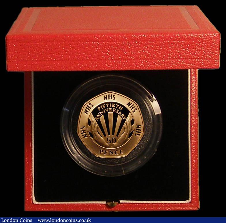 London Coins : A167 : Lot 23 : Fifty Pence 1998 50th Anniversary of the NHS Gold Proof S.H10 FDC in the Royal Mint box of issue wit...