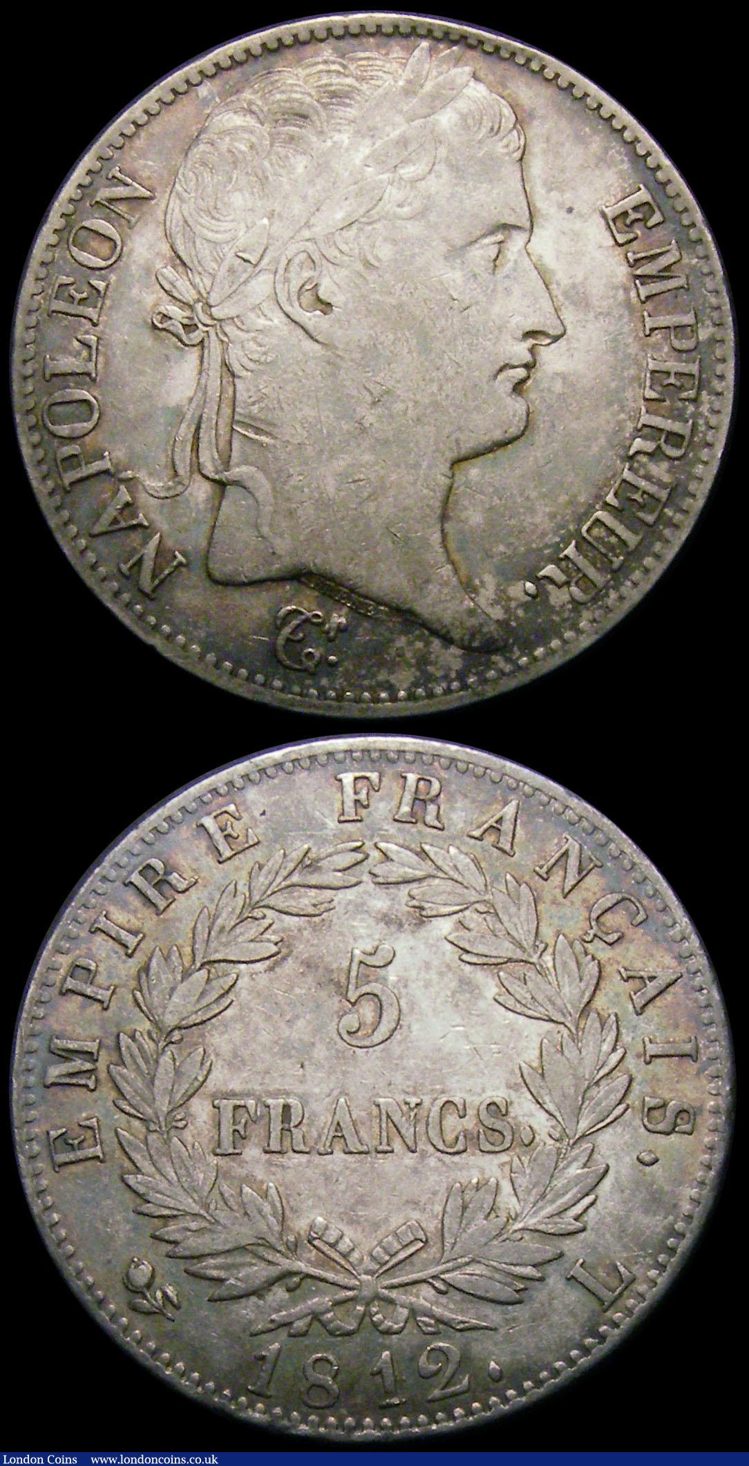London Coins : A167 : Lot 2313 : France 5 Francs (2) 1812L Bayonne Mint  KM#694.9GVF the reverse with some colourful tone in the lege...