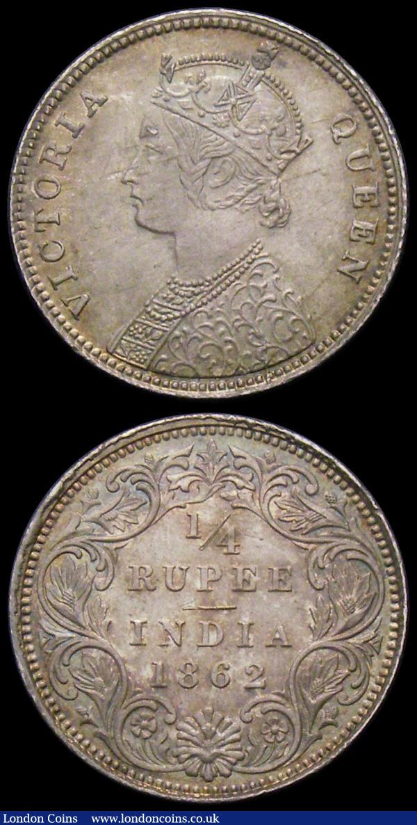 India Quarter Rupee 1862 Calcutta UNC or near so with some small edge nicks, beautifully toned and with much eye appeal, Gibraltar One Quart 1842 2 over 0, KM#2 NEF with some small spots, and some light dirt in the legends : World Coins : Auction 167 : Lot 2336