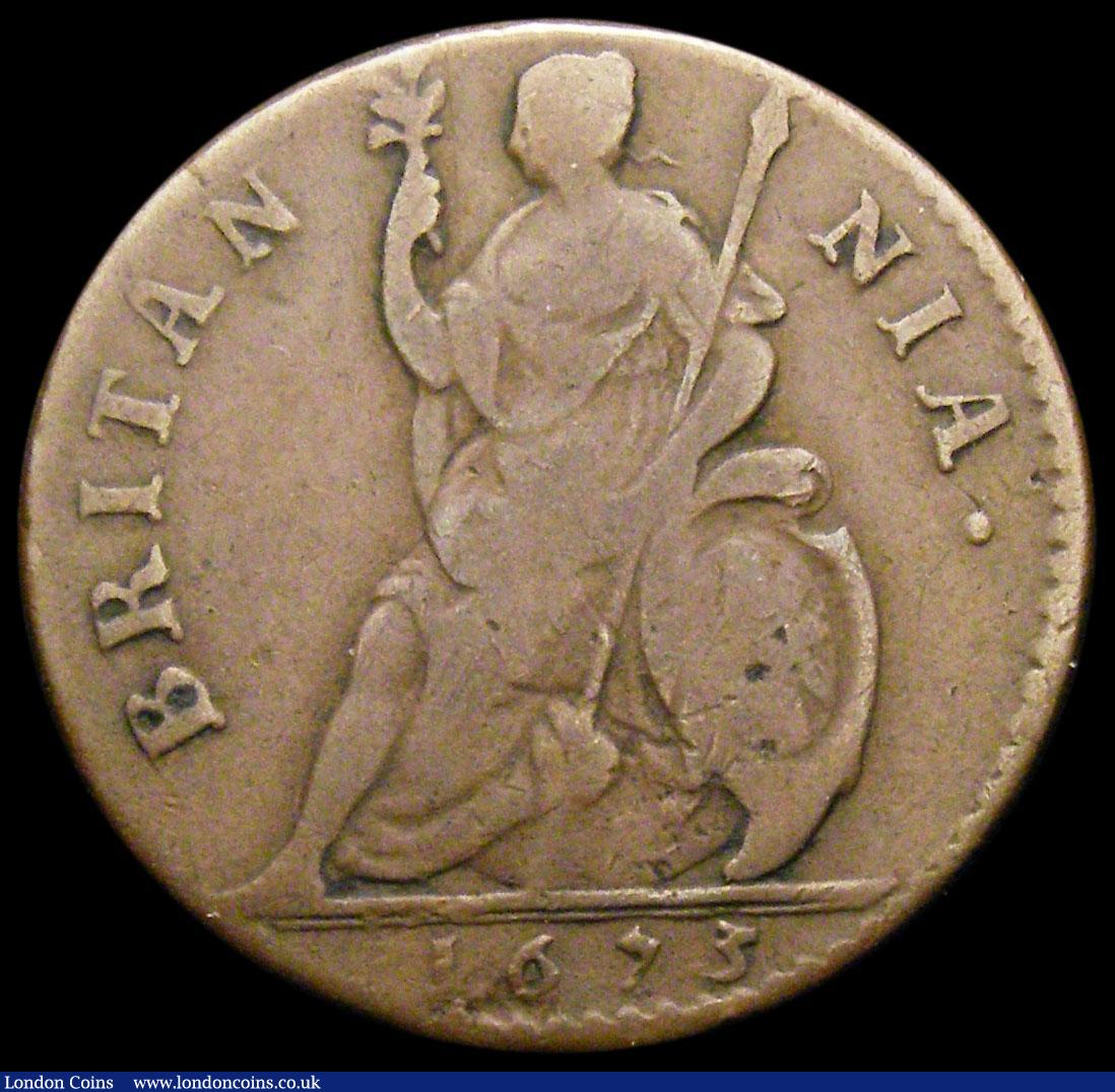 London Coins : A167 : Lot 2415 : Farthing 1673 No Stops on Obverse Peck 525 Fine and bold, very few known examples, the listing for t...