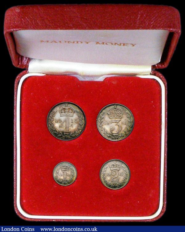 Maundy Set 1913 ESC 2530, Bull 3973 A/UNC to UNC with some tiny rim nicks, with attractive, blue, green and gold matching tone, in a modern red Maundy Money box : English Coins : Auction 167 : Lot 2490