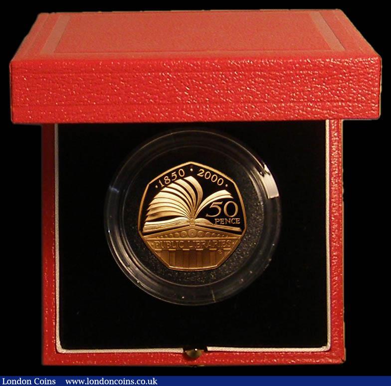 London Coins : A167 : Lot 25 : Fifty Pence 2000 150 Years of Public Libraries Gold Proof S. H11, FDC in the Royal Mint red box of i...