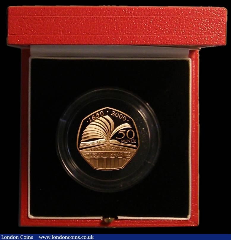 London Coins : A167 : Lot 26 : Fifty Pence 2000 150 Years of Public Libraries Gold Proof S.H11 FDC in the Royal Mint box of issue w...