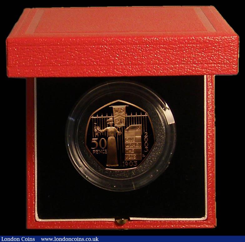 London Coins : A167 : Lot 27 : Fifty Pence 2003 WSPU 100th Anniversary, Gold Proof S.H12 FDC in the Royal Mint box of issue with ce...