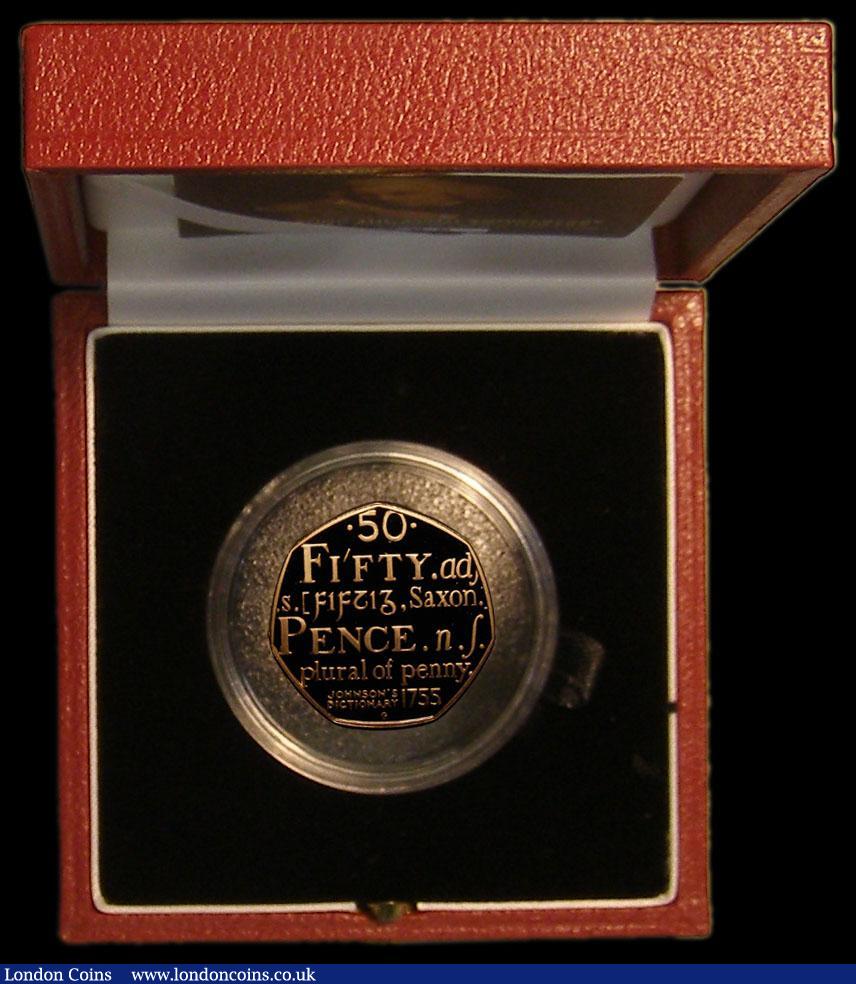 London Coins : A167 : Lot 28 : Fifty Pence 2005 Samuel Johnson's Dictionary Gold Proof S.H14 FDC in the Royal Mint box of issu...