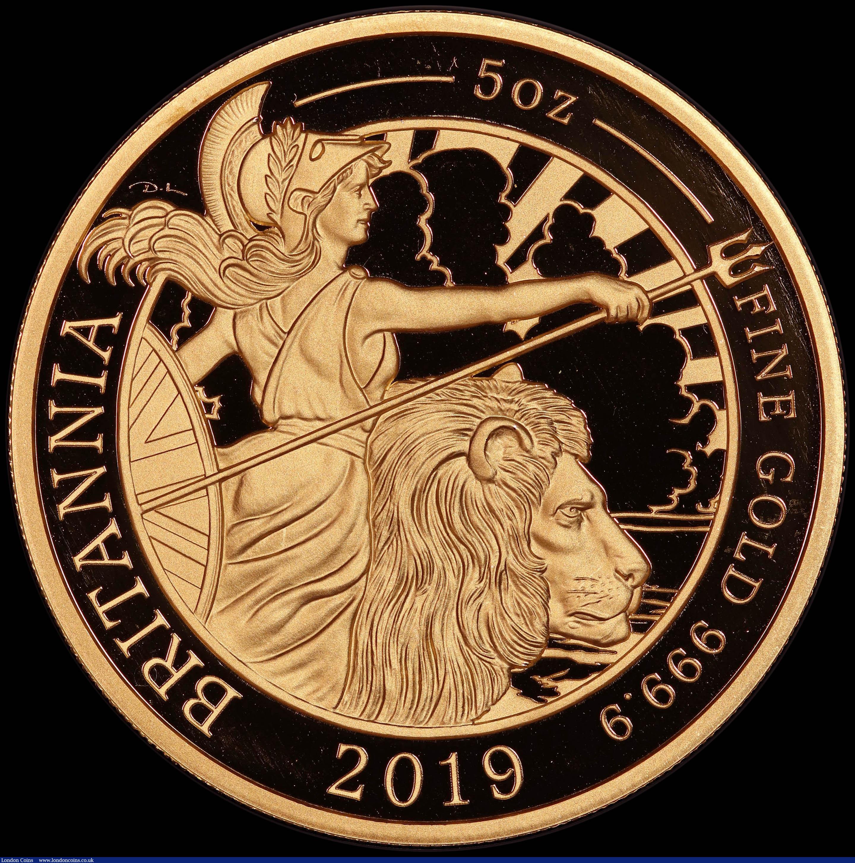 London Coins : A167 : Lot 46 : Five Hundred Pounds 2019 Britannia Five Ounce (.999 Fine) Gold Proof, in an oversized PCGS holder, c...