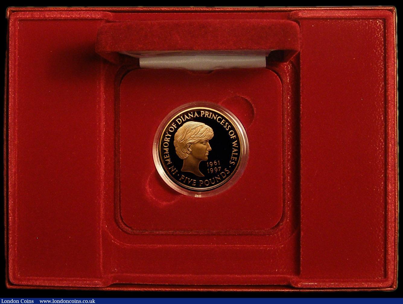 London Coins : A167 : Lot 52 : Five Pound Crown 1999 Diana Memorial Gold Proof S.L6 FDC in the Royal Mint box of issue with certifi...