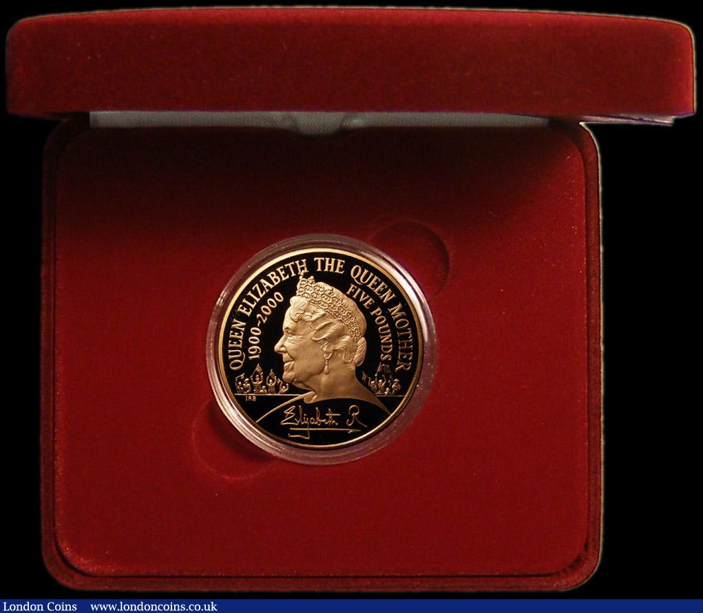 London Coins : A167 : Lot 53 : Five Pound Crown 2000 Queen Mother 100th Birthday Gold Proof S.L8 FDC in the box of issue with certi...