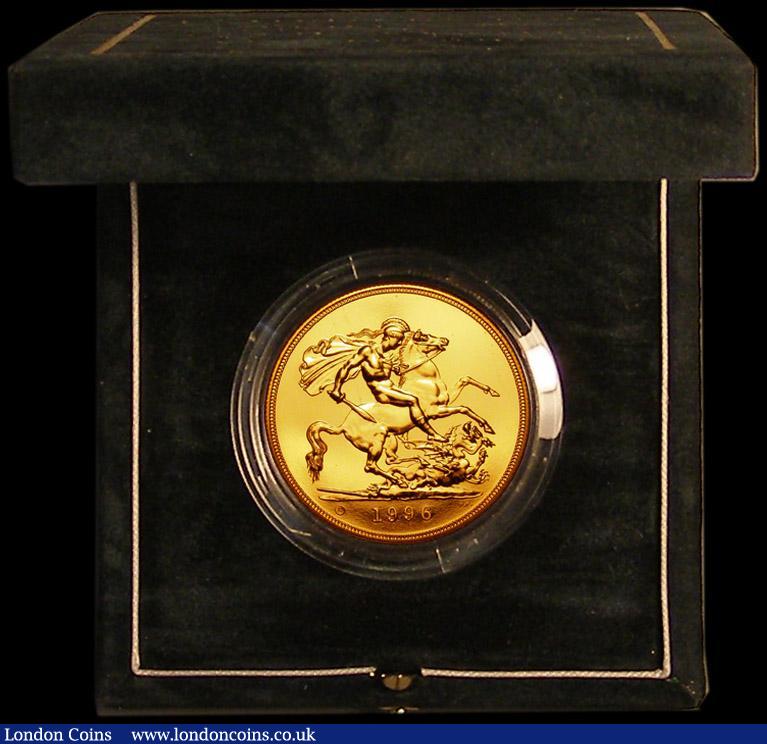 London Coins : A167 : Lot 63 : Five Pounds Gold 1996U S.SE4 BU and fully lustrous in the Royal Mint green box of issue with certifi...