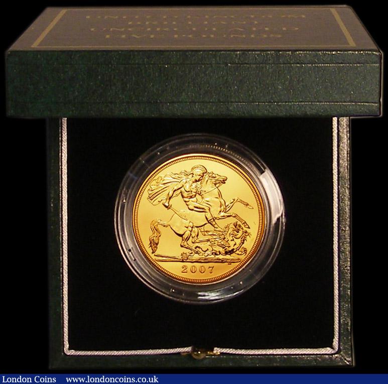 London Coins : A167 : Lot 64 : Five Pounds Gold 2007 S.SE7 BU and fully lustrous in the Royal Mint green box of issue with certific...