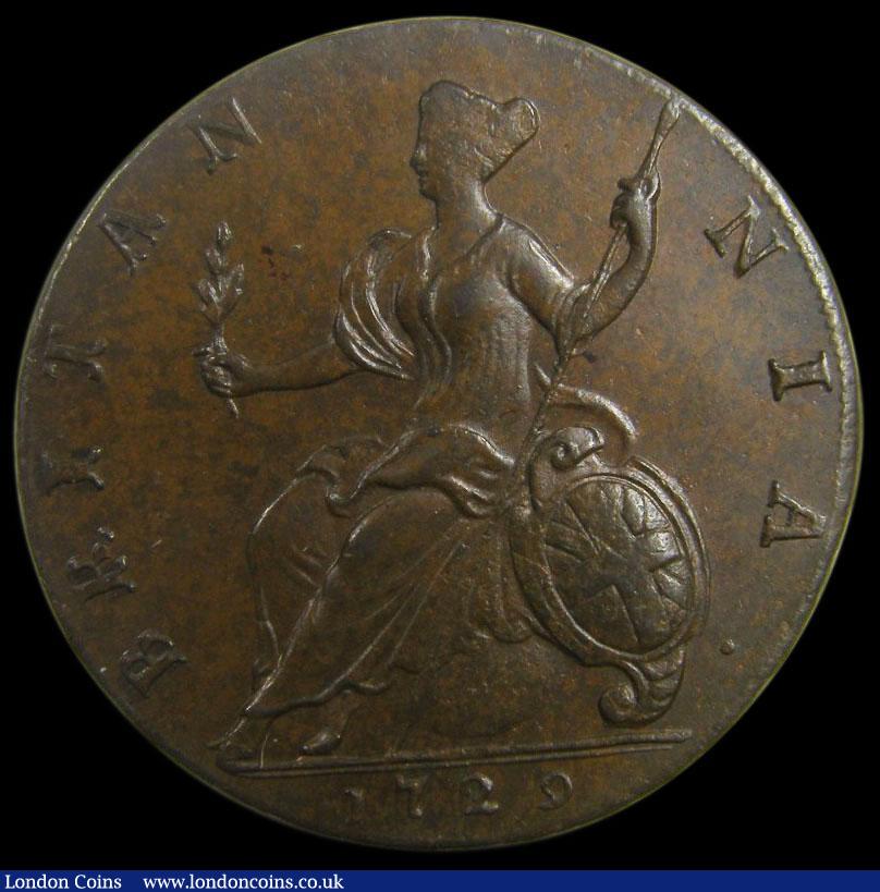 London Coins : A167 : Lot 822 : Halfpenny 1729 Peck 830 UNC evenly struck and a super example of the Young Head portrait type, slabb...