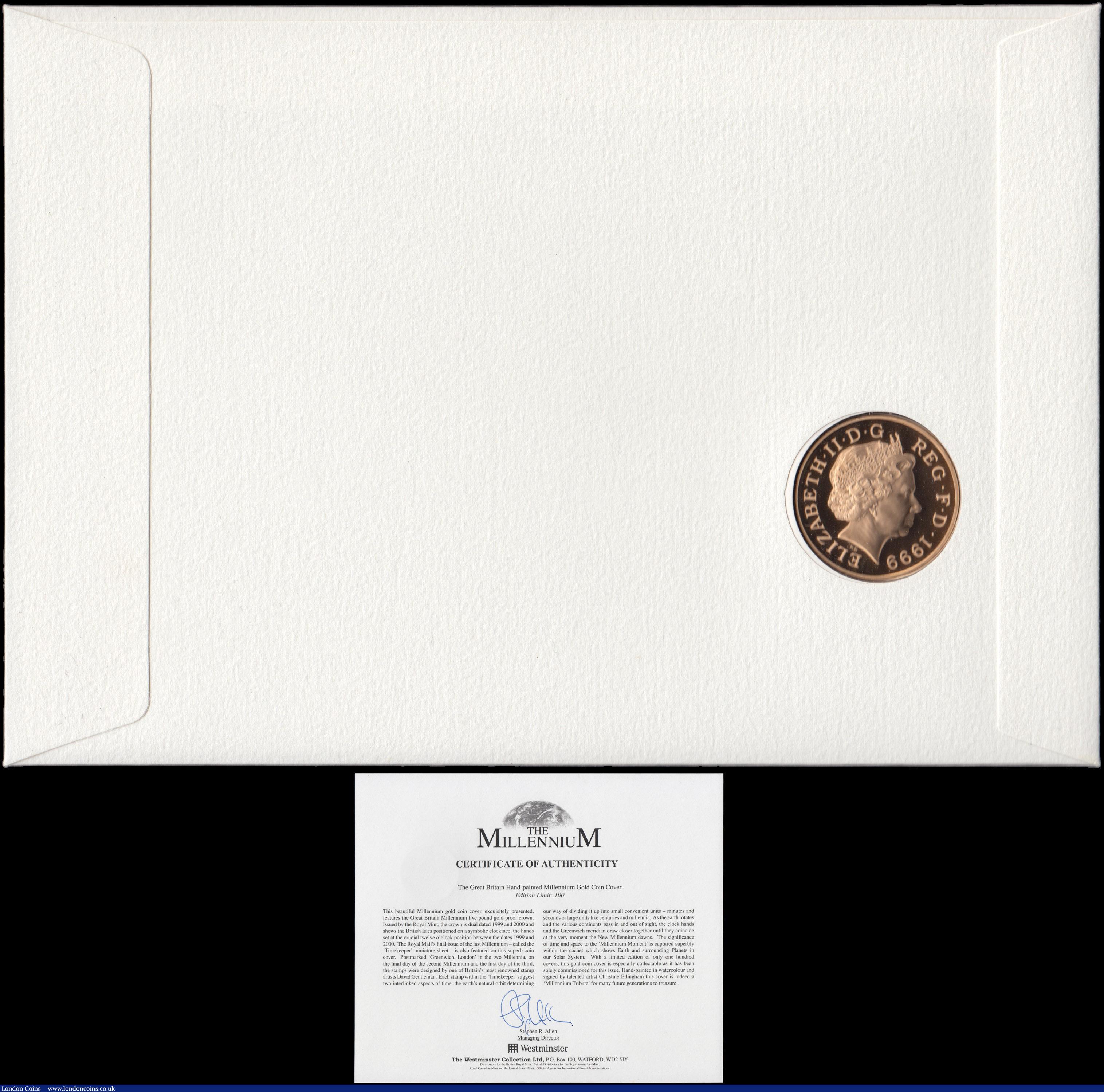 London Coins : A167 : Lot 86 : Numismatic First Day Cover Millennium comprising Five Pound Crown 1999 Gold Proof FDC and 4x64 pence...