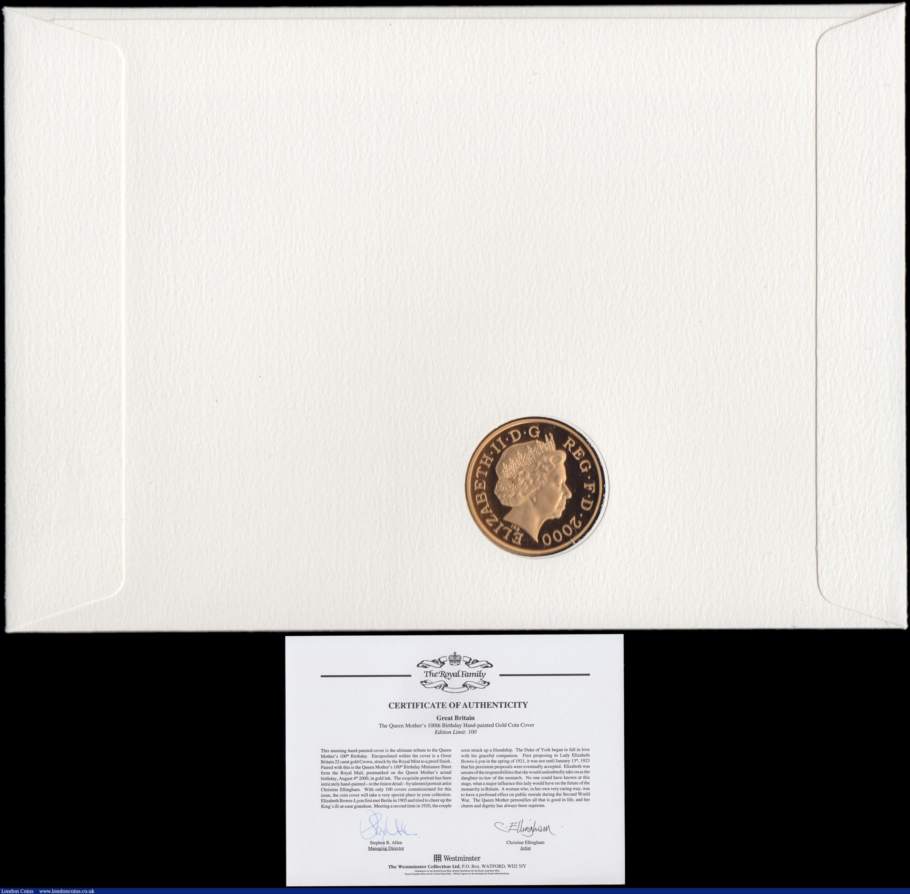 London Coins : A167 : Lot 87 : Numismatic First Day Cover Queen Mother 100th Birthday comprising Five Pound Crown 2000 Gold Proof F...