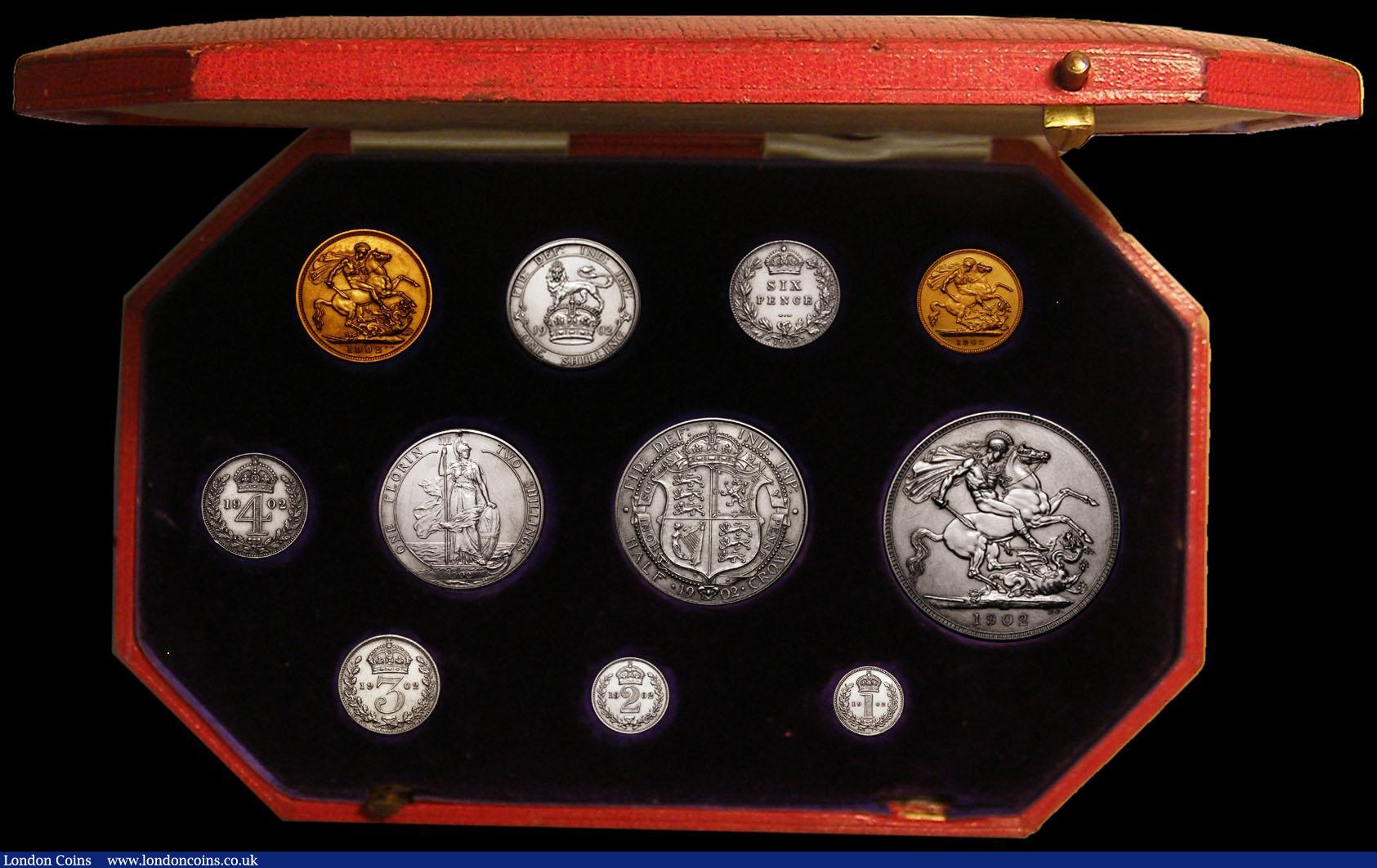 London Coins : A167 : Lot 93 : Proof Set 1902 (11 coins) Sovereign to Maundy Penny UNC cleaned and with the odd contact mark, in th...