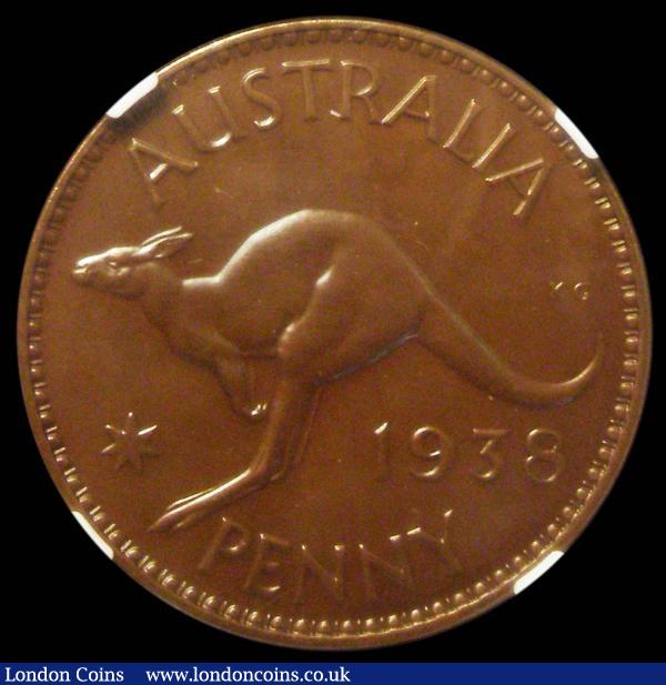 Australia Penny 1938 Proof KM#36 in an NGC holder and graded PF65 BN, only 6 examples have been graded by NGC, the first Proof issue of the iconic Kangaroo design. Extremely rare with just 250 pieces minted, we note Krause lists at $26,000 in PF63 : World Coins : Auction 167 : Lot 1865