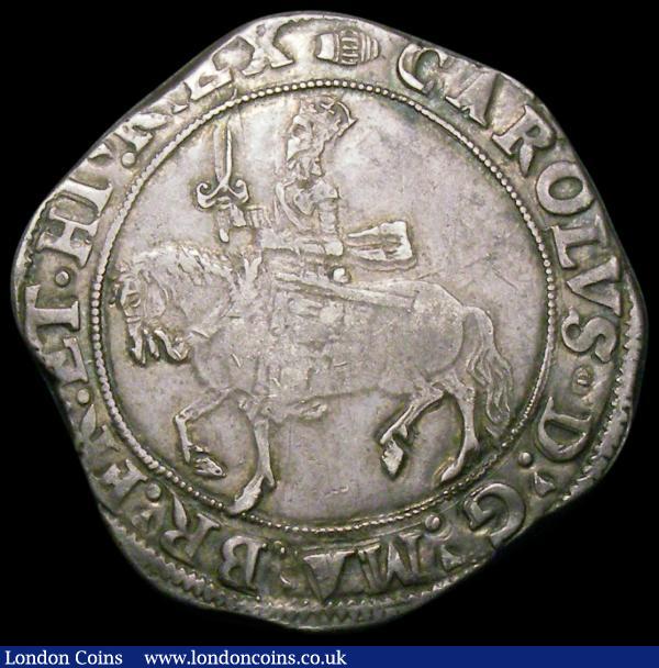 Halfcrown Charles I Group III, type 3a1, Third horseman, No caparisons on horse, scarf flies from King's waist S.2773 mintmark Tun NVF/VF with pleasing grey tone, comes with two tickets : Hammered Coins : Auction 168 : Lot 1093