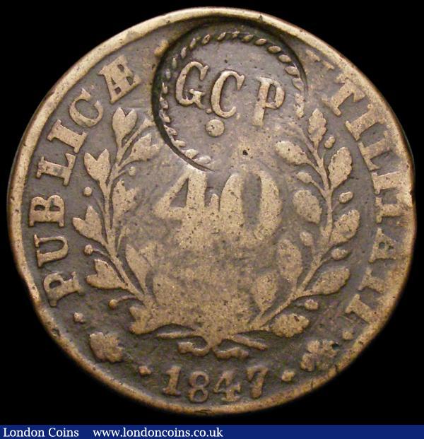 Portugal 40 Reis 1847 countermarked coinage, G.C.P countermark with dot below C#415.2 countermark Fine, host coin VG : World Coins : Auction 168 : Lot 2080