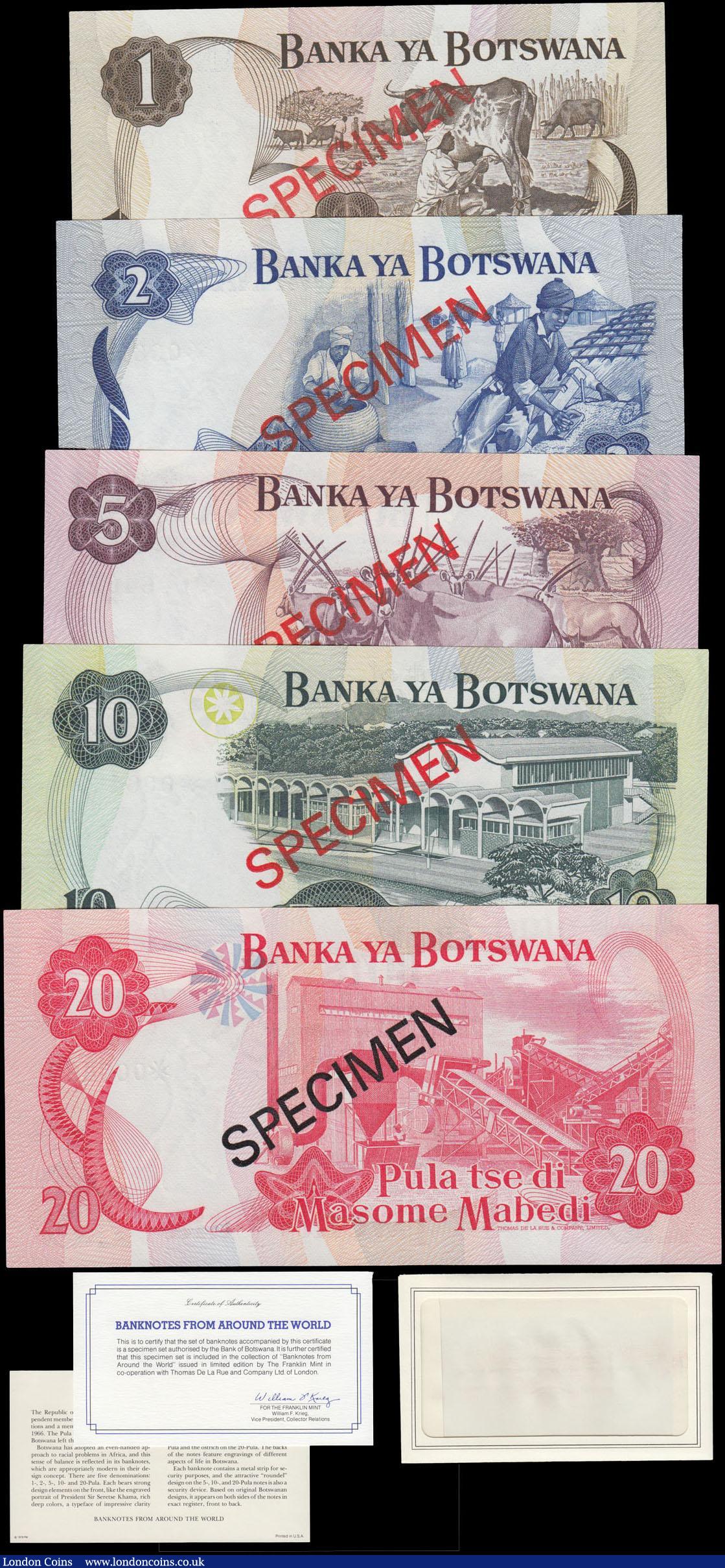 London Coins : A168 : Lot 118 : Botswana SPECIMEN Franklin Mint Collectors set Pick CS1 of 5 notes - 1, 2, 5, 10 and 20 Pula. All wi...