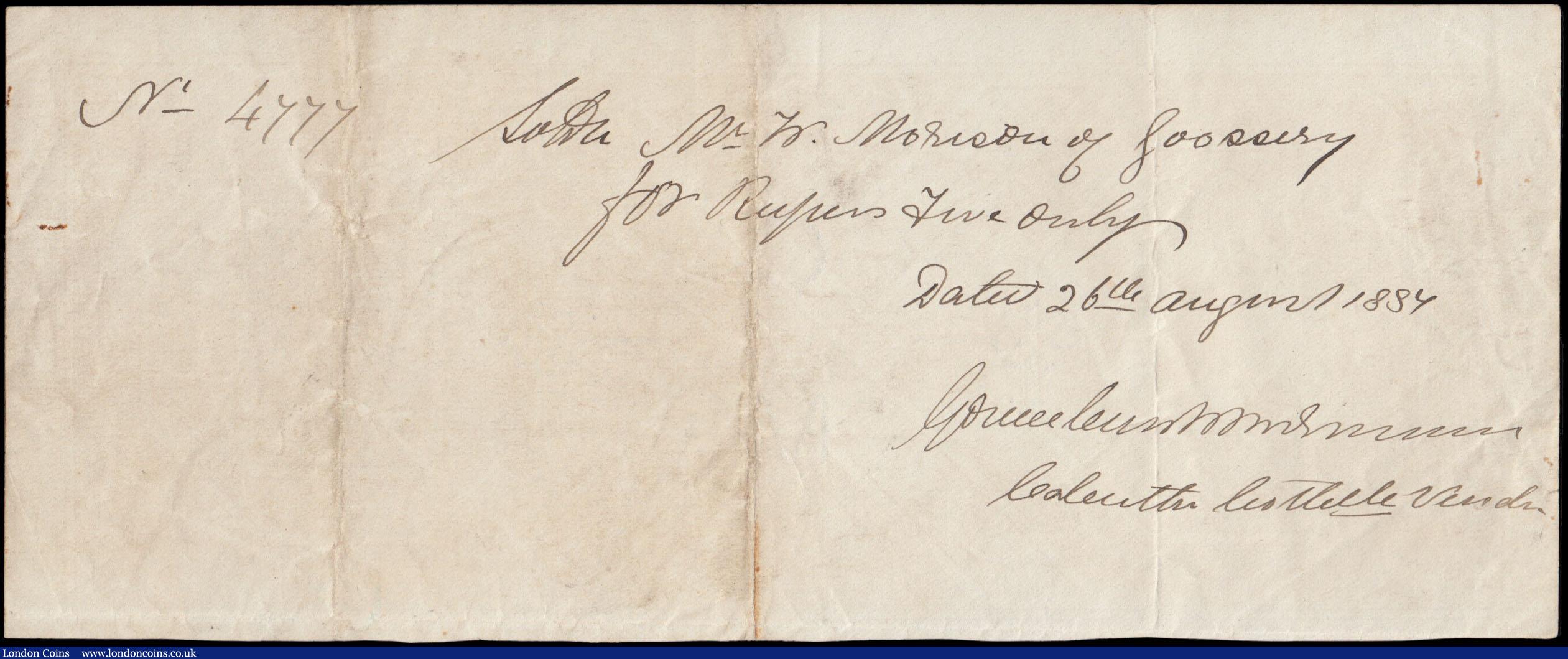 London Coins : A168 : Lot 120 : British India Fiscal 5 Rupees = 40 Annas Tax Revenue paper Victorian period, uniface and brown featu...