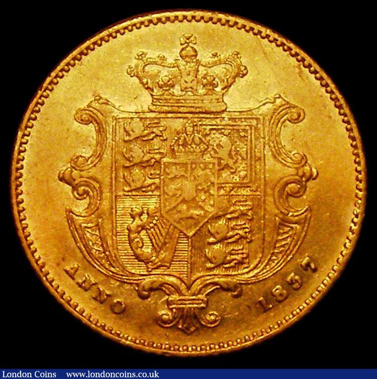 London Coins : A168 : Lot 1270 : Half Sovereign 1837 Marsh 413 EF/VF a little weakly struck on parts of the shield. The portrait ligh...